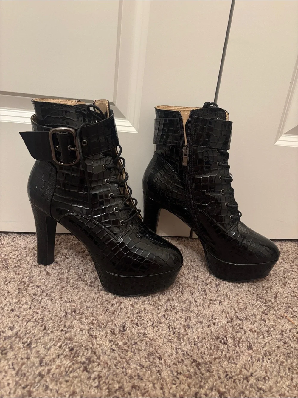 Women’s Black Croc-Textured Platform Ankle Boots